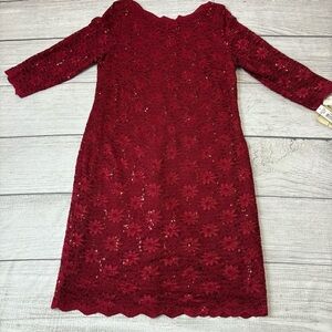 R&M Richards Women's Petite Red Lace Sequin Sheath Cocktail Dress Size 14P